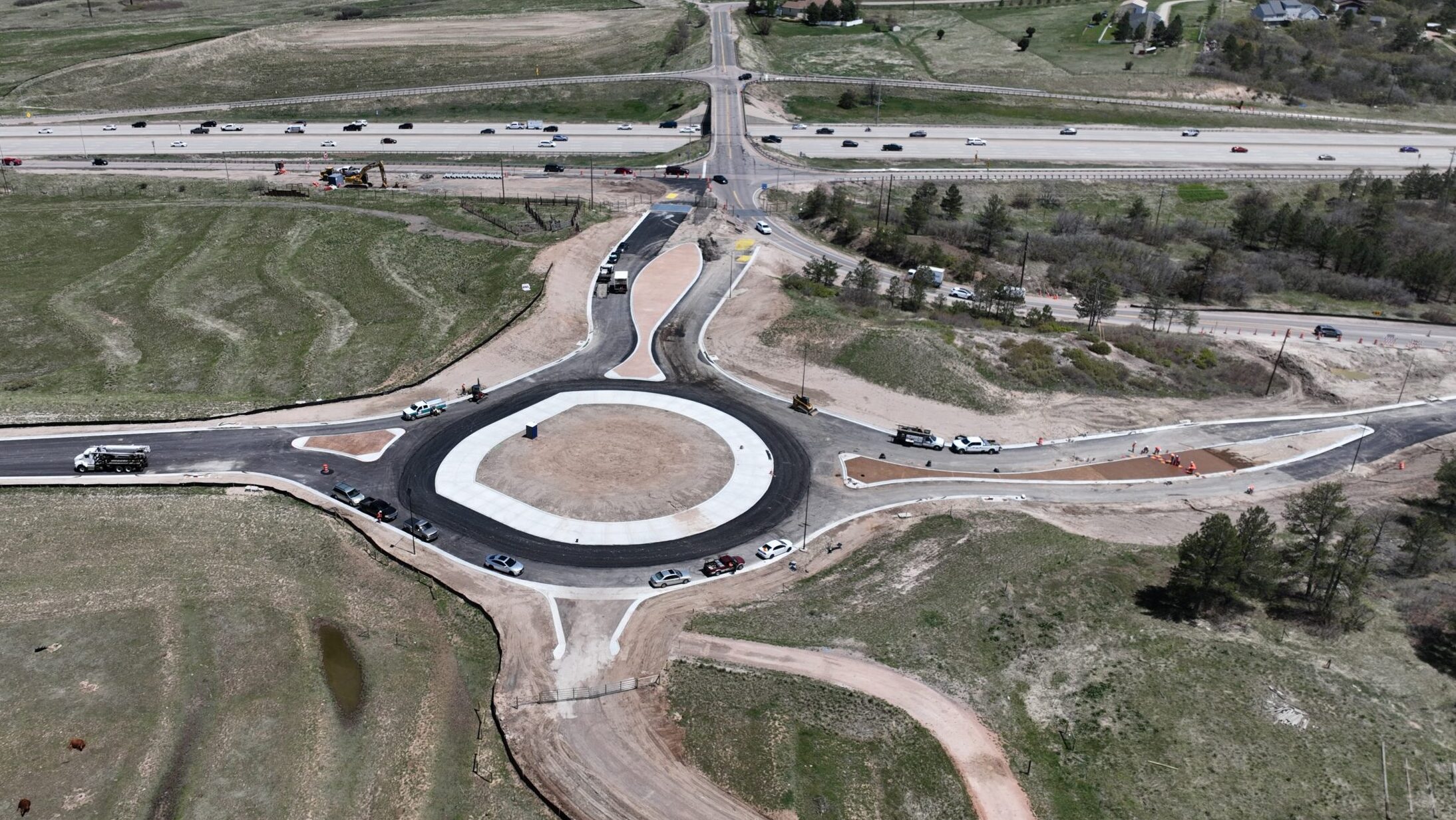 An aerial view of construction of the Happy Canyon Road and Lagae Road roundabout.