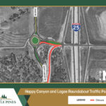 Detour map for the Happy Canyon and Lagae Road roundabout construction project.