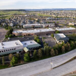 Aerial view of buildings in the Village Square Business District in Castle Pines.