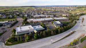 Aerial view of buildings in the Village Square Business District in Castle Pines.