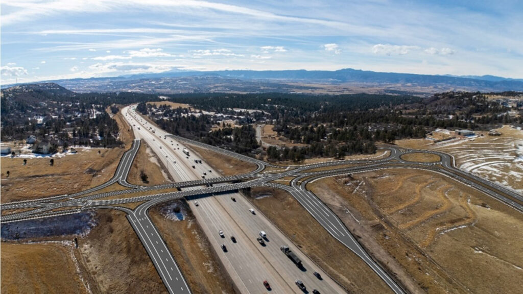 An aeiral rendering of a proposed diverging diamond interchange of Happy Canyon Road over I-25.